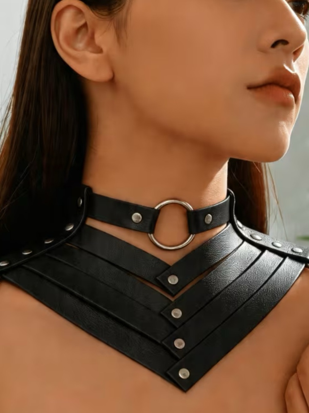Black Faux Leather Layered Choker Collar with O-Ring - New
